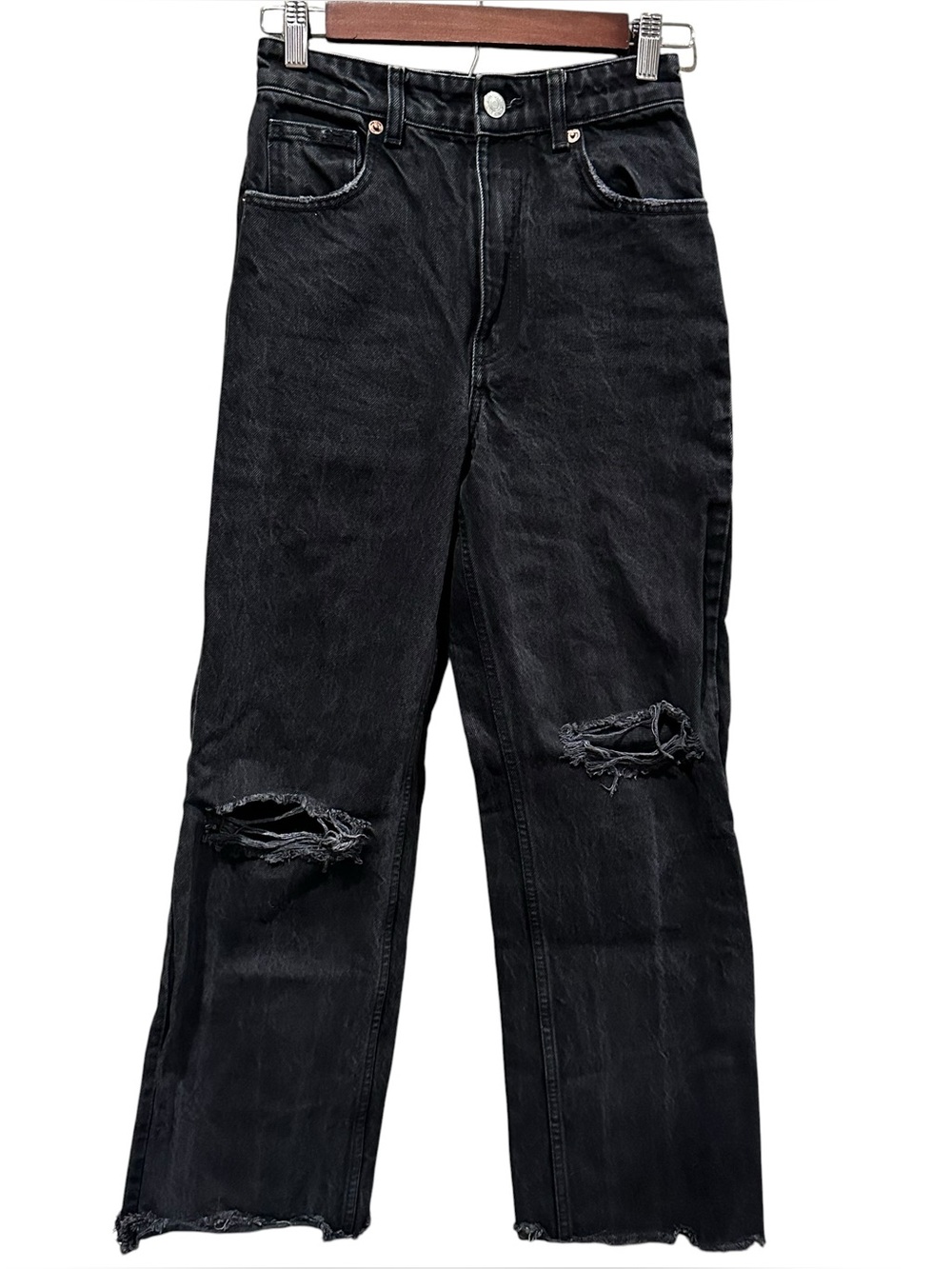 Zara Womens Size 2 Black Distressed Wide Leg Jeans W/ Raw Hem Denim